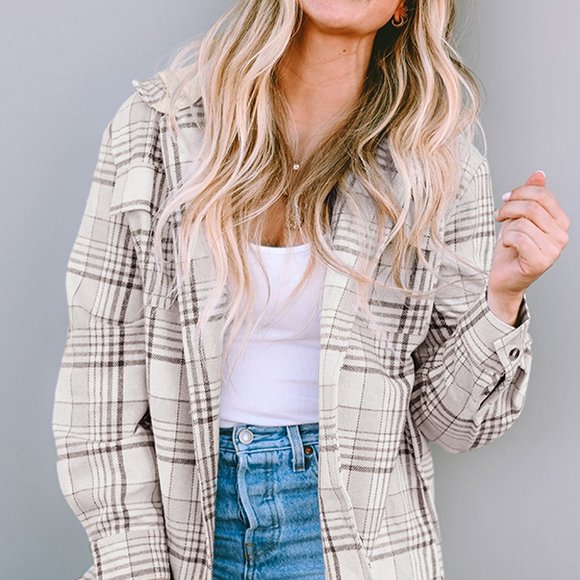 Khaki Plaid Removable Hood Buttoned Shacket/Hooded Top NWOT - Picture 15 of 15